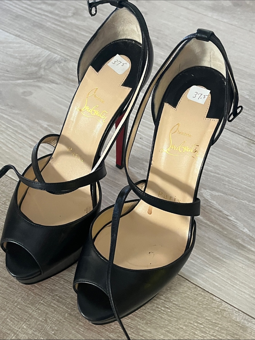 Christian Louboutin Black Leather Peep-Toe Ankle-Strap Heels